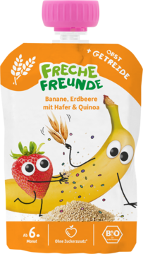 Freche Freunde mus bananowo-truskawkowy z owsem i quinoa dla niemowląt od 6. miesiąca, w pomarańczowej saszetce z owocowymi rysunkami.