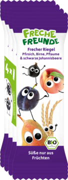 Fioletowy multipack Freche Freunde, organiczne batony z brzoskwinią, gruszką, śliwką, porzeczką i rysunkowymi owocami.