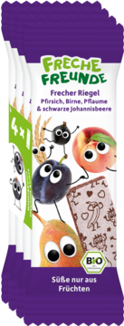 Fioletowy multipak Freche Freunde Bio batonów 4x: brzoskwinia, gruszka, śliwka i czarna porzeczka, widok z przodu.