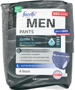 Ciemne opakowanie Facelle Men Pants L, chłonne pieluchomajtki dla mężczyzn z ochroną przed wyciekiem, 8 szt.