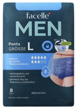 Męskie pieluchomajtki facelle MEN Pants, rozmiar L, 8 sztuk, na nietrzymanie moczu, ciemne opakowanie, widok z przodu.