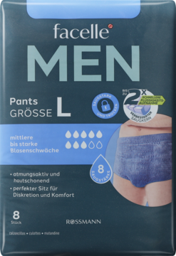 Dark blue Facelle MEN Pants packaging, size L, incontinence underwear for men, 8 drops absorbency, front view.