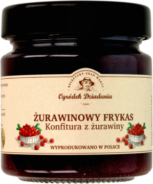 Słoik żurawinowej konfitury Frykas Ogródek Dziadunia, ciemny fiolet, beżowa etykieta z owocami, czarna nakrętka.