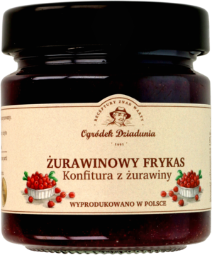 Słoik żurawinowej konfitury Frykas Ogródek Dziadunia, ciemny fiolet, beżowa etykieta z owocami, czarna nakrętka.