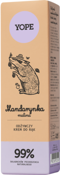 Yope Odżywczy Krem do Rąk Mandarynka i Malina w pomarańczowo-fioletowym pudełku z rysunkiem borsuka, widok z przodu.