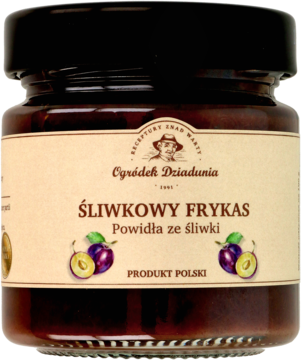 Szklany słoik powideł śliwkowych Ogródek Dziadunia. Brązowa etykieta z rysunkiem śliwek. Widok z przodu.