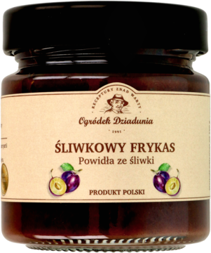Szklany słoik powideł śliwkowych Ogródek Dziadunia. Brązowa etykieta z rysunkiem śliwek. Widok z przodu.