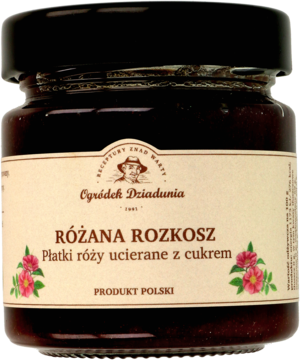 Słoik Różana Rozkosz z ciemnego szkła, konfitura z ucieranych płatków róży, z beżową etykietą i różami.