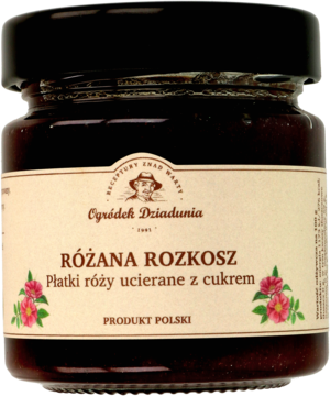 Słoik Różana Rozkosz z ciemnego szkła, konfitura z ucieranych płatków róży, z beżową etykietą i różami.