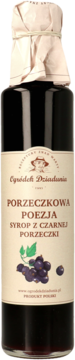 Syrop z czarnej porzeczki Porzeczkowa Poezja w butelce, beżowa etykieta z grafiką owoców, widok z przodu.