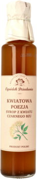 Butelka bursztynowego syropu z kwiatu czarnego bzu "KWIATOWA POEZJA" Ogródek Dziadunia, widok z przodu.