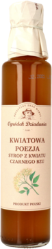 Butelka bursztynowego syropu z kwiatu czarnego bzu "KWIATOWA POEZJA" Ogródek Dziadunia, widok z przodu.