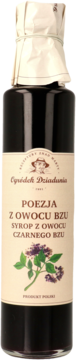 Syrop Poezja z owocu czarnego bzu w ciemnej butelce, beżowa etykieta z grafiką, widok z przodu.