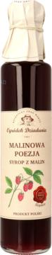 Butelka syropu Malinowa Poezja, ciemnoczerwona, z beżową etykietą, rysunkiem malin, polski produkt, widok z przodu.