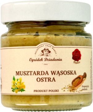 Musztarda Wąsoska Ostra Ogródek Dziadunia, gruboziarnista w szklanym słoiku z białą nakrętką, widok z przodu.