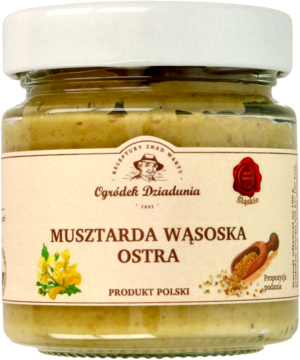Musztarda Wąsoska Ostra Ogródek Dziadunia, gruboziarnista w szklanym słoiku z białą nakrętką, widok z przodu.