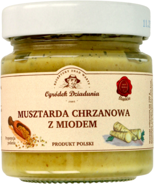 Słoik musztardy chrzanowej z miodem Ogródek Dziadunia, widok z przodu, kremowa barwa, biała zakrętka.
