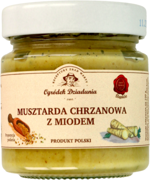Słoik musztardy chrzanowej z miodem Ogródek Dziadunia, widok z przodu, kremowa barwa, biała zakrętka.
