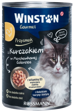 Puszka Winston Gourmet karmy dla dorosłych kotów z kurczakiem i marchwią, 400g, widok z przodu.