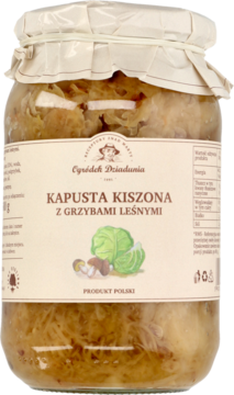 Słoik kapusty kiszonej z grzybami leśnymi Ogródek Dziadunia, przezroczyste szkło, biała etykieta, widok z przodu.