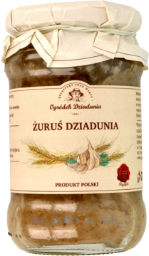 Zakwas na żurek Żuruś Dziadunia w szklanym słoiku, beżowa etykieta z ilustracją żyta i czosnku, widok z przodu.