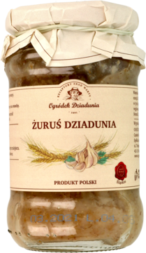 Zakwas na żurek Żuruś Dziadunia w szklanym słoiku, beżowa etykieta z ilustracją żyta i czosnku, widok z przodu.