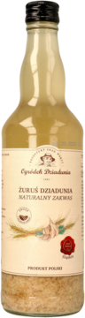 Żuruś Dziadunia naturalny zakwas na żurek, butelka z osadem z żyta i czosnkiem, widok z przodu.