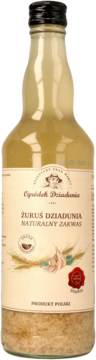 Żuruś Dziadunia naturalny zakwas na żurek, butelka z osadem z żyta i czosnkiem, widok z przodu.