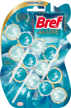 Bref de LUXE Czarujący Jaśmin zawieszka do WC, 10 turkusowych pereł na błękitnym tle, butelka u góry.