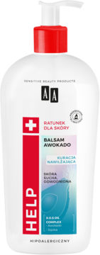 Biały balsam AA Help Awokado z pompką, hipoalergiczny, do skóry suchej, front butelki z awokado.