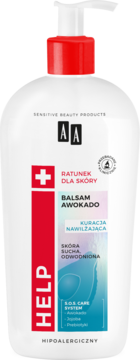 Balsam AA Help Awokado w białej butelce z czerwoną pompką, nawilżający dla suchej skóry, widok z przodu.