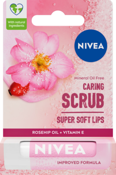 NIVEA Caring Scrub peeling do ust dzika róża, różowo-białe opakowanie z grafiką kwiatów, widok z przodu.