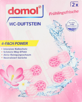domol WC-DUFTSTEIN Frühlingsfrische, różowo-białe opakowanie 2x z 4-fach Power, kwiaty i woda, widok z przodu.