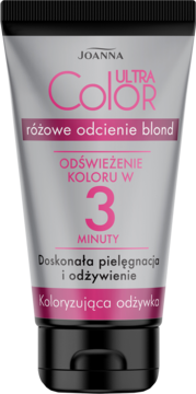 Joanna Ultra Color odżywka koloryzująca do różowych odcieni blond, srebrna tubka z różowym tekstem, widok z przodu.