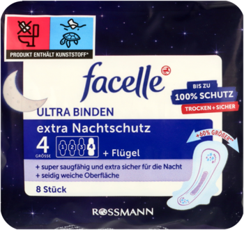 Granatowe opakowanie podpasek nocnych Facelle Ultra Binden 'extra Nachtschutz' ze skrzydełkami.