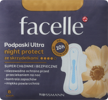 Opakowanie podpasek Facelle Ultra night protect ze skrzydełkami. Szare z żółtym, z wizerunkiem wkładki i napisem 10h ochrony.
