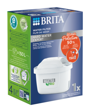 Zielono-niebieskie opakowanie filtra wody Brita Maxtra Pro Hard Water Expert, 150L, widok pod kątem.