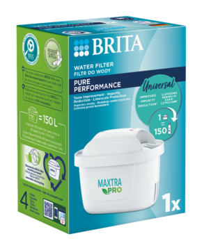 Opakowanie Brita Maxtra Pro Pure Performance, uniwersalny filtr wody. Biało-niebieskie pudełko, widok z przodu.