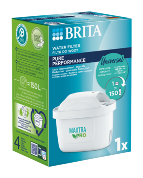 Opakowanie Brita Maxtra Pro Pure Performance, uniwersalny filtr wody. Biało-niebieskie pudełko, widok z przodu.