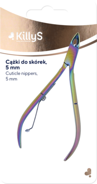 Cążki do skórek KillyS 5 mm, tęczowe metalowe, w opakowaniu z logo, widok z przodu.