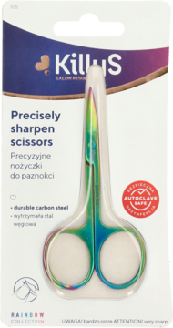 KillyS tęczowe nożyczki do paznokci z węglowej stali, w blistrze. Napis "Precisely sharpen scissors".
