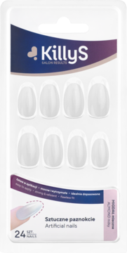KillyS sztuczne paznokcie, migdałowe, mleczne, 24 sztuki w blistrze, łatwe w aplikacji, widok z przodu.