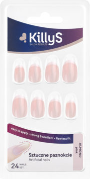 Sztuczne paznokcie KillyS migdałowe french, różowo-białe, 24 szt. w opakowaniu, widok z przodu.