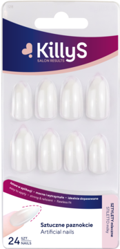 KillyS sztuczne paznokcie stiletto milky, 24 sztuki, perłowe, w przezroczystym opakowaniu, widok z przodu.