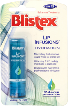 Balsam do ust Blistex Lip Infusions Hydration w turkusowym opakowaniu z logo i informacjami o nawilżeniu 24h, SPF 15.