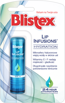 Blistex Lip Infusions Hydration SPF 15 w niebieskim opakowaniu, balsam do ust w blistrze, widok z przodu.