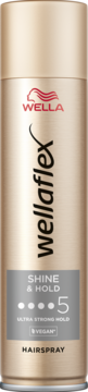 Złota puszka Wella Wellaflex Shine & Hold Hairspray, Ultra Strong Hold 5, z przodu etykieta VEGAN.