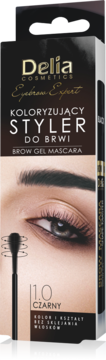 Delia Brow Gel Mascara Styler do Brwi 1.0 Czarny, w czarno-złotym kartoniku, z okiem i szczoteczką.