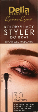 Delia Eyebrow Expert koloryzujący styler do brwi, 3.0 brązowy, na brązowym tle, widok z przodu.