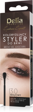 Delia Cosmetics Brow Gel Mascara 3.0 Brązowy, koloryzujący styler do brwi, pudełko z okiem modelki.